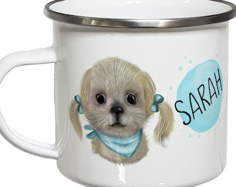 Hund Tasse mit Namen Kindertasse Emaille Becher Kinder personalisierte Geschenke Campingbecher