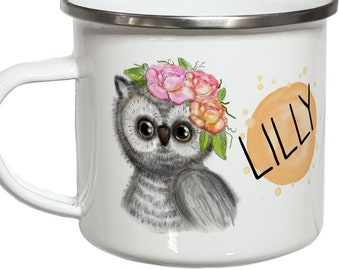 Eule Tasse mit Namen Kindertasse Emaille Becher Kinder personalisierte Geschenke Campingbecher