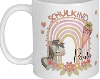 Geschenk Einschulung Mädchen Tasse Schulkind mit Einhorn und Regenbogen Schulanfang PERSONALISIERT