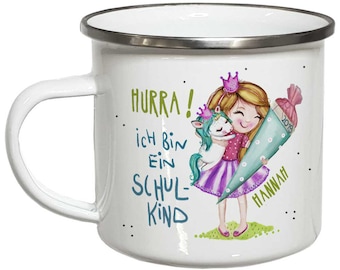 Geschenk Einschulung Mädchen mit Einhorn Schulanfang Kindertasse PERSONALISIERT Einschulungsgeschenke Emaille Tasse mit Namen od. Keramik