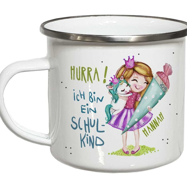 Geschenk Einschulung Mädchen mit Einhorn Schulanfang Kindertasse PERSONALISIERT Einschulungsgeschenke Emaille Tasse mit Namen od. Keramik