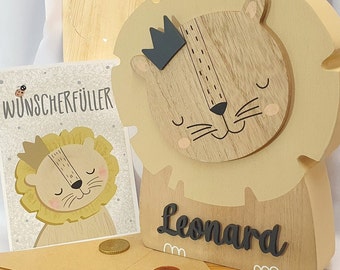 Personalisierte Spardose Holz + Wunscherfüller Karte Geldgeschenk Geburt Taufe Baby Geburtstag Weihnachten Löwe Kinderspardose Spardose Kind