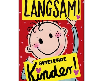 Achtung Schild spielende Kinder XXL (40x60cm) Warnschild langsam fahren Vorsicht wetterbeständig Metall Alu-Dibond