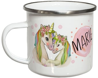 Einhorn Geburtstag Kinder Tasse mit Namen Kindertasse Emailletasse Kind personalisierte Geschenke Campingbecher