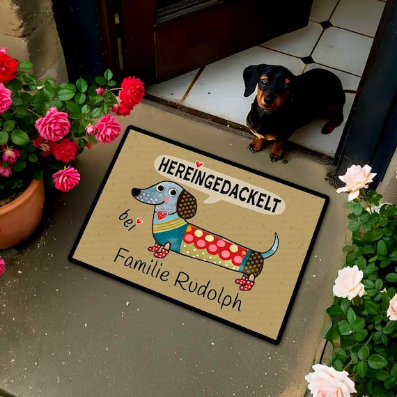Personalisierte Dackel Fußmatte Hereingedackelt | Fußmatte Hund mit Namen | Geschenk Dackelbesitzer, Dackel Mama | Einweihungsgeschenk
