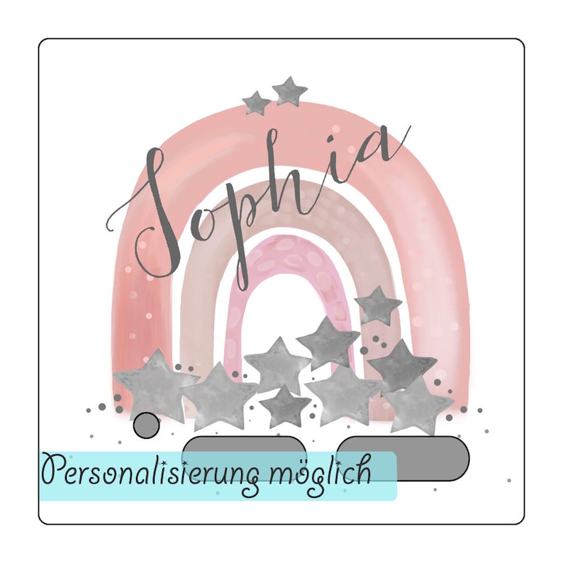 May include: A pink and brown watercolor rainbow with gray stars and the name "Sophia" written in cursive. The text "Personalisation possible" is at the bottom of the image.