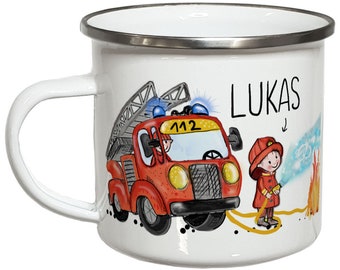 Feuerwehr Geschenk Tasse mit Namen Kindertasse Emaille Becher Kinder PERSONALISIERT Feuerwehrmann Feuerwehrauto