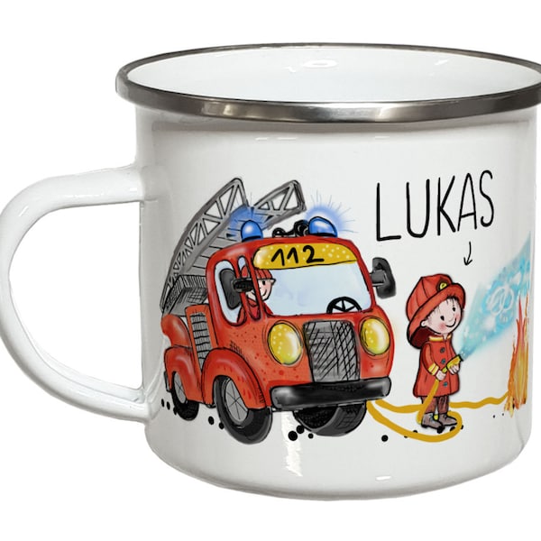 Feuerwehr Geschenk Tasse mit Namen Kindertasse Emaille Becher Kinder PERSONALISIERT Feuerwehrmann Feuerwehrauto