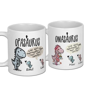 Lustige Geschenke für Opa Tasse mit Namen von Enkeln Geburtstagsgeschenk Weihnachtsgeschenk Geschenkideen personalisiert Becher mit Dino SET Oma+Opa