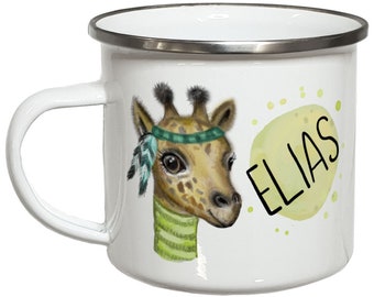 Giraffe Tasse mit Namen Kindertasse Emaille Becher Kinder personalisierte Geschenke Campingbecher