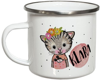 Katze Emaille Tasse Kinder Geschenke personalisiert Kindertasse mit Namen Kindergeschirr Keramik Becher Geburtstagsgeschenk Weihnachten
