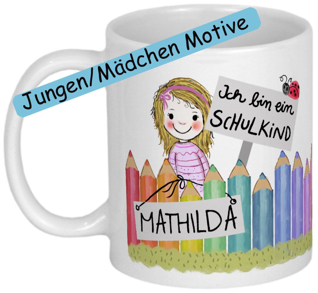 Schulkind Tasse 2025 Mit Regenbogen - Personalisierter Becher Zur Einschulung Mit Geschenkanhänger