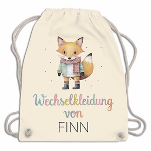 Hochwertig bedruckter Stoffbeutel für Matschsachen mit Fuchs im Retro-Look und Wunschnamen.