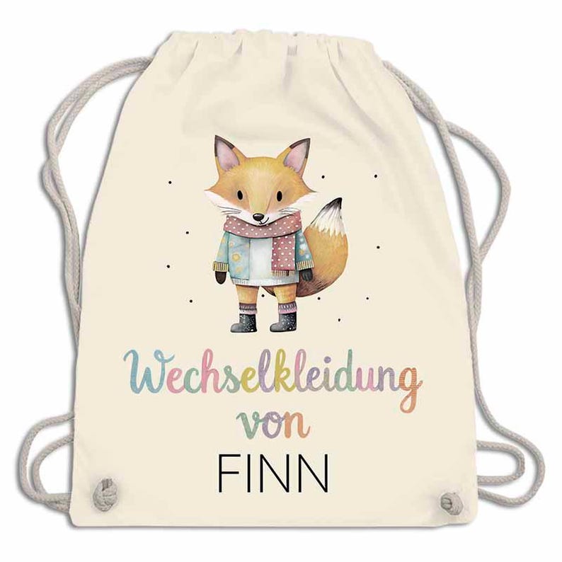 Hochwertig bedruckter Stoffbeutel für Matschsachen mit Fuchs im Retro-Look und Wunschnamen.