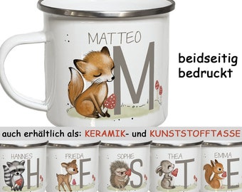 Kindertasse mit Namen Emaille Tasse Kinder Geschenke Geburtstag Weihnachtsgeschenk Kindergartentasse Waldtiere Fuchs Keramik oder Kunststoff