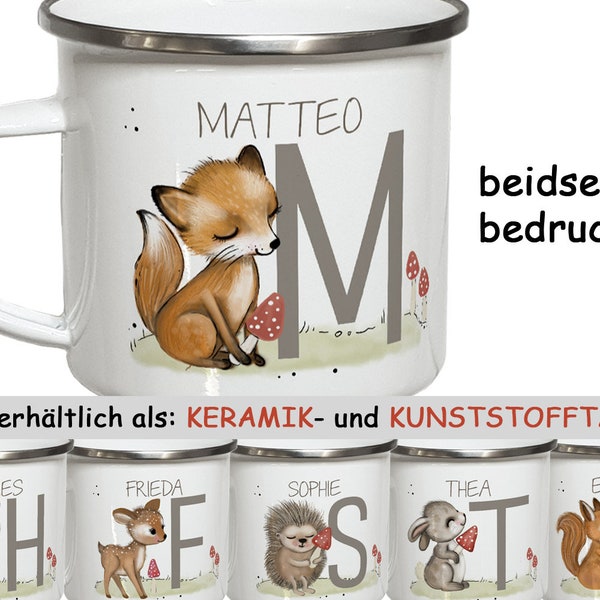 Kindertasse mit Namen Emaille Tasse Kinder Geschenke Geburtstag Weihnachtsgeschenk Kindergartentasse Waldtiere Fuchs Keramik oder Kunststoff