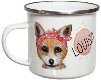 Fuchs Tasse mit Namen Kindertasse Emaille Becher Kinder personalisierte Geschenke Campingbecher