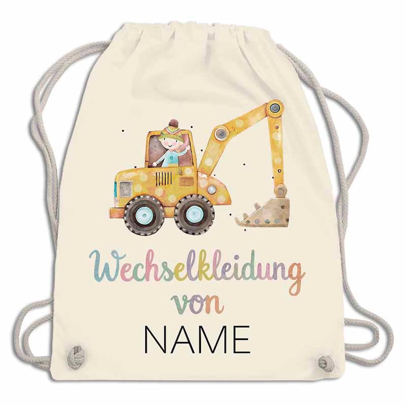 May include: A cream-colored drawstring backpack featuring a yellow excavator with a cartoon driver. The text "Wechselkleidung von NAME" is printed in colorful script below the excavator. The bag has gray drawstrings.
