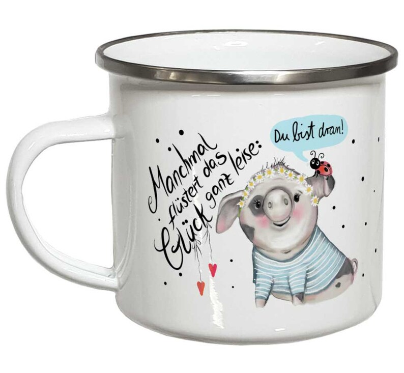 Emaille Becher Glück Geschenk Schwein Tasse mit Sprüchen Emailletasse Campingbecher Marienkäfer Glücksschwein Bild 1