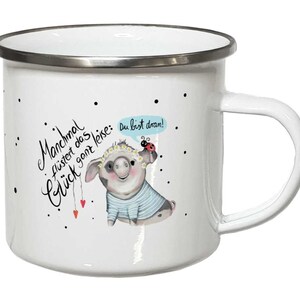 Emaille Becher Glück Geschenk Schwein Tasse mit Sprüchen Emailletasse Campingbecher Marienkäfer Glücksschwein Bild 2