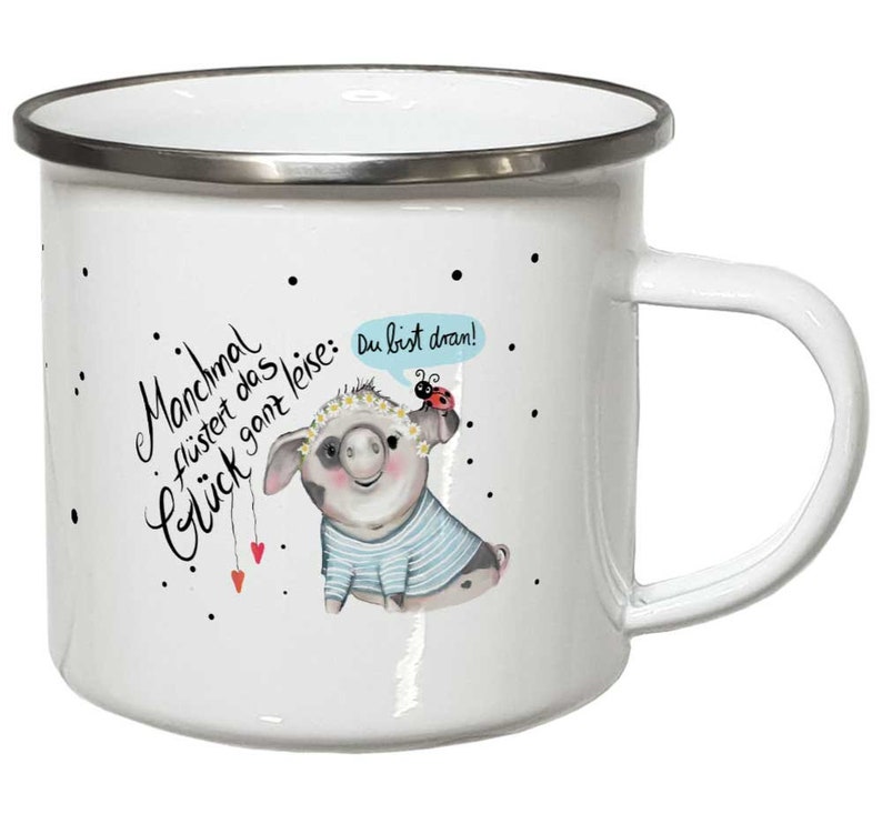 Emaille Becher Glück Geschenk Schwein Tasse mit Sprüchen Emailletasse Campingbecher Marienkäfer Glücksschwein Bild 2