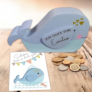 Wal Spardose aus Holz personalisiert, Geburt Geschenkidee, Sparbüchse für Kommunion & Taufgeschenk, Kinderspardose Geburtstag Wunscherfüller
