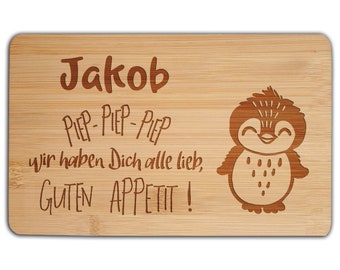 Holzbrett mit Gravur Kinder Frühstücksbrett personalisiert Vesperbrett Pinguin Schneidebrett Geschenk Geburtstag Junge Weihnachten Mädchen