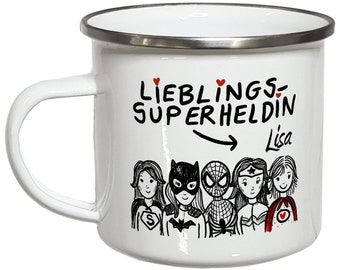 Emaille Becher Superheldin Campingtasse Emailletasse Frauengeschenke Geschenke für Mama Tante Schwester Tasse mit Namen personalisiert