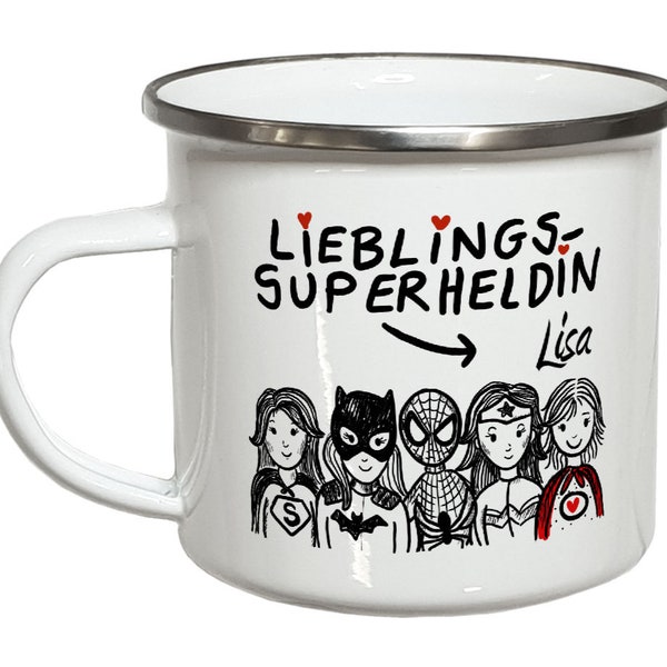 Emaille Becher Superheldin Campingtasse Emailletasse Frauengeschenke Geschenke für Mama Tante Schwester Tasse mit Namen personalisiert