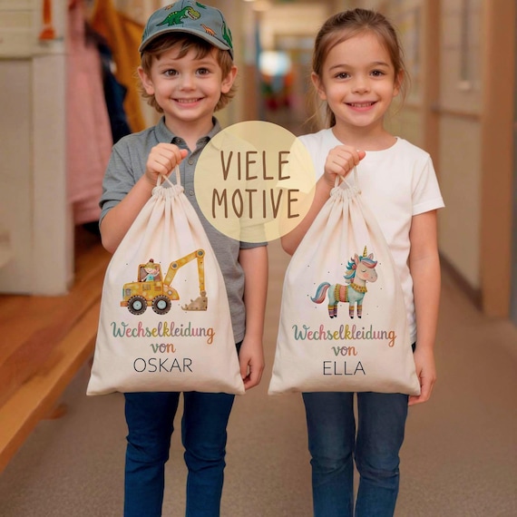 Personalisierter Turnbeutel Kinder Wechselkleidung Kindergarten Beutel mit Namen & Motiv Stoffbeutel Kita Geschenk Rucksack Matschsachen