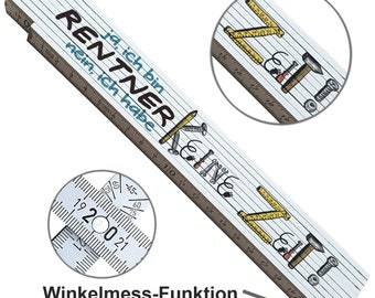 May include: A white folding ruler with black and blue text that reads "RENTNER KEINE ZEIT". The ruler has illustrations of tools and a circular inset showing angle measurements. The text "Winkelmess-Funktion inklusive" is also present.
