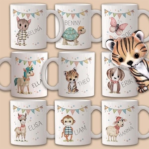 Tasses personnalisées pour enfants - tasse avec nom, cadeau d'anniversaire, cadeaux de Noël pour enfants, mug avec motif chat, licorne et chien