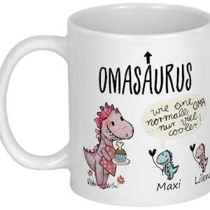 Lustige Geschenke für Opa Tasse mit Namen von Enkeln Geburtstagsgeschenk Weihnachtsgeschenk Geschenkideen personalisiert Becher mit Dino Omasaurus