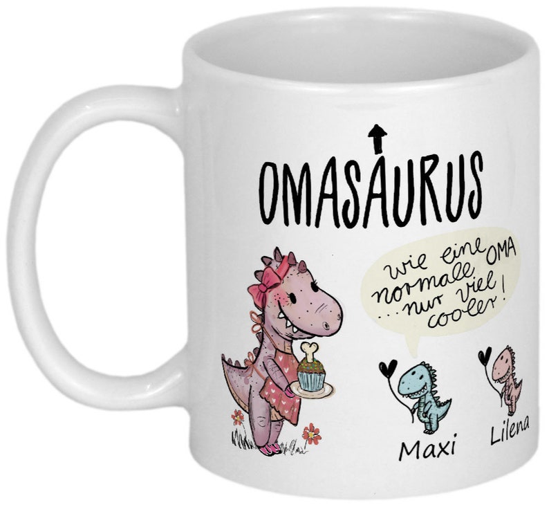 Lustige Geschenke für Opa Tasse mit Namen von Enkeln Geburtstagsgeschenk Weihnachtsgeschenk Geschenkideen personalisiert Becher mit Dino Omasaurus