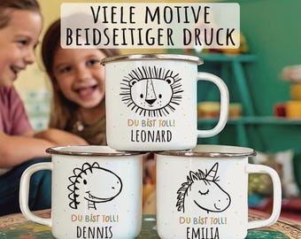 Personalized enamel mug for children | Gift with name & animal motif (fox, lion, unicorn) | Mug for daycare, school enrollment, birthday