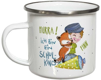 Geschenk Einschulung Junge mit Fuchs Schulanfang Kindertasse PERSONALISIERT Einschulungsgeschenke Emaille Tasse mit Namen