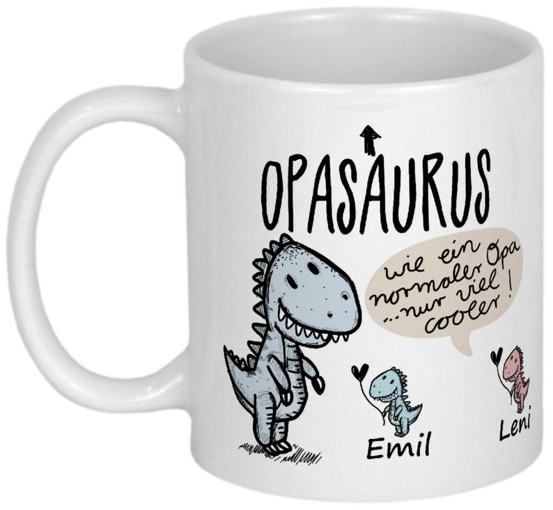 Lustige Geschenke für Opa Tasse mit Namen von Enkeln Geburtstagsgeschenk Weihnachtsgeschenk Geschenkideen personalisiert Becher mit Dino Opasaurus