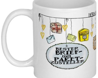 May include: White ceramic mug with a black and white illustration of a mail carrier with the text "Best Mail and Package Delivery Person". The illustration includes a mailbox, envelopes, and packages.