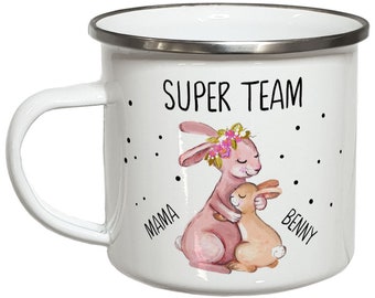 Mama Geschenk Muttertag Muttertagsgeschenk Geburtstagsgeschenk Emaille Becher Hase Tasse mit Namen Mutter Kind