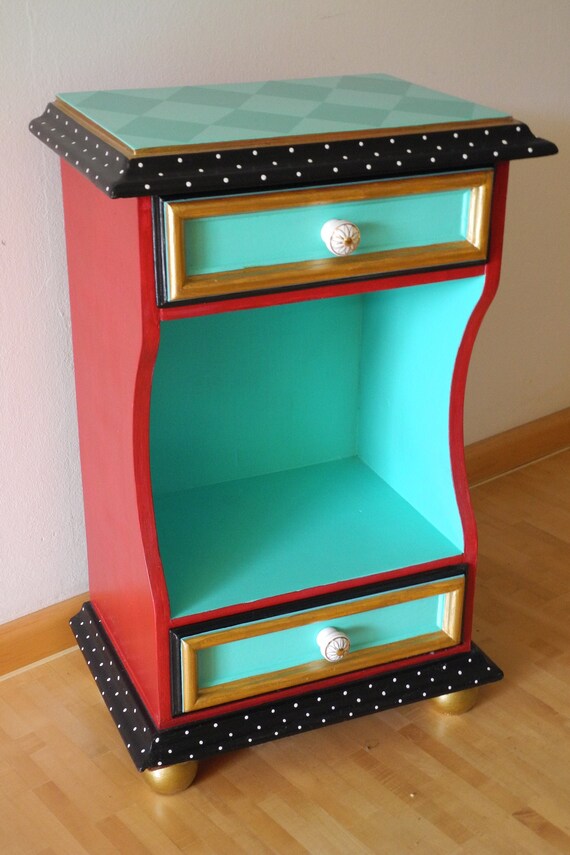 Bunt bemalter Nachttisch/Nachtkasten - Vintage Beistelltisch Massivholz
