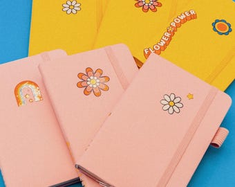 Retro Groovy mini journal with hand-wrapped retro pen: Pink Faux Leather A6 Notebook