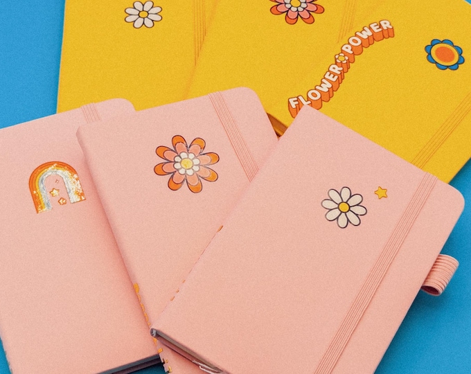 Retro Groovy mini journal with hand-wrapped retro pen: Pink Faux Leather A6 Notebook