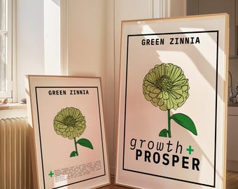 Green Zinnia Flower Art Print Set: Growth & Prosperity