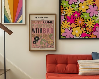 70s Groovy Vibes Art Print: Retro Word Art, Floral Mushroom Decor