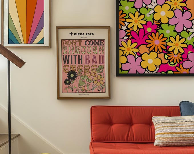 70s Groovy Vibes Art Print: Retro Word Art, Floral Mushroom Decor
