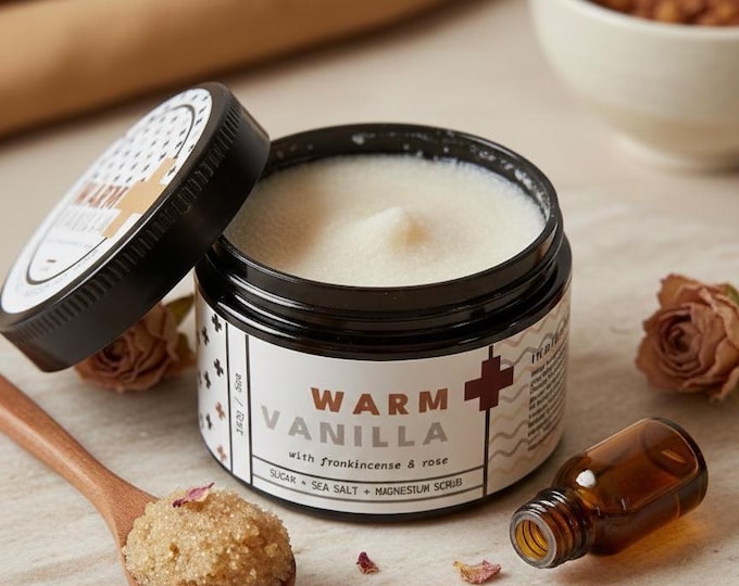 Vanilla Frankincense Sandalwood and Rose Sugar & Sea Salt Magnesium Body Scrub - 5oz