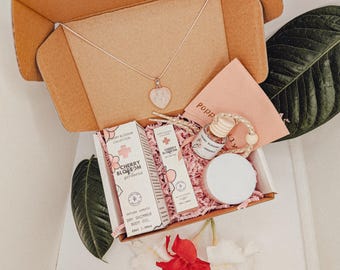 Cherry Blossom Gift Set: Handmade Self-Care Box, Rose Quartz Necklace