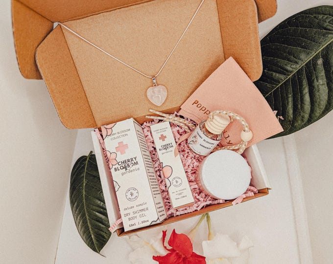 Cherry Blossom Gift Set: Handmade Self-Care Box, Rose Quartz Necklace