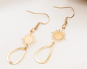 24k Gold Plated Sterling Silver Sun Burst Tears Earrings, Dangling Earrings