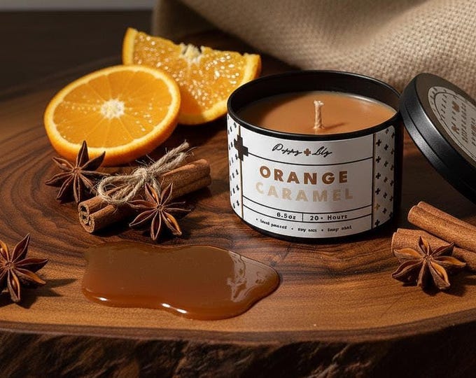 Caramel & Orange Scented Candle: 6.5oz Soy Wax Fall Candle
